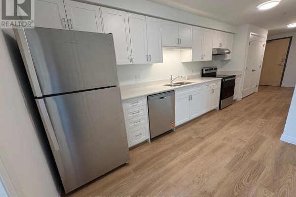 Modern kitchen with white cabinets, stainless steel appliances, and light wood laminate flooring. - 420 - 351 Hill Street, London East