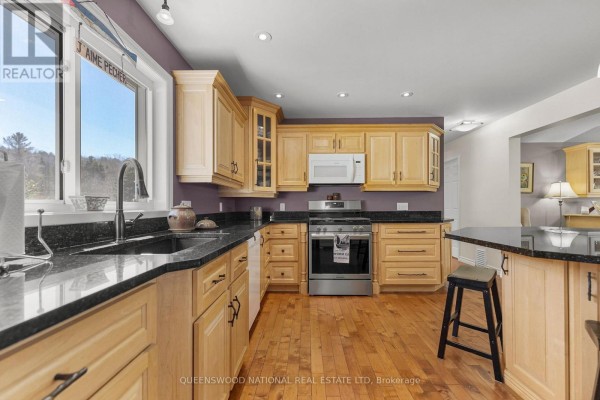 Modern kitchen with light wood cabinets, granite counters, island, hardwood floors - 42125 Combermere Road Ne, Madawaska Valley