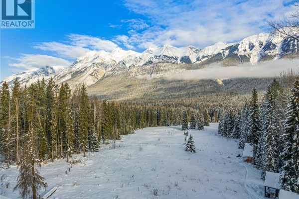 Snow-covered landscape with pine trees and distant snow-capped mountains. - 4227-4233 Beaverfoot Forest Service Road, Golden