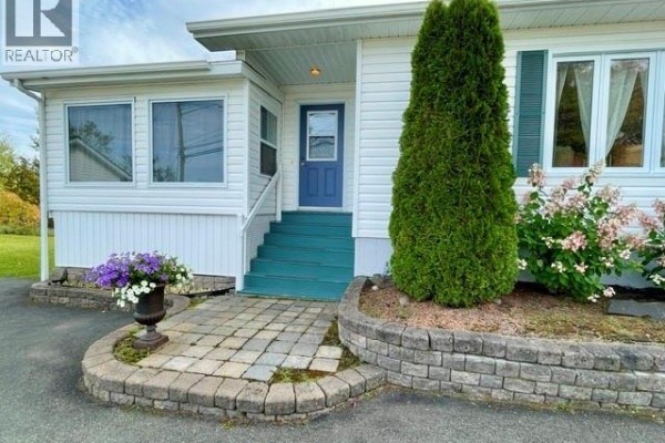 Close-up of the blue front door, teal stairs, and stone planter. - 423 Darlington, Dalhousie