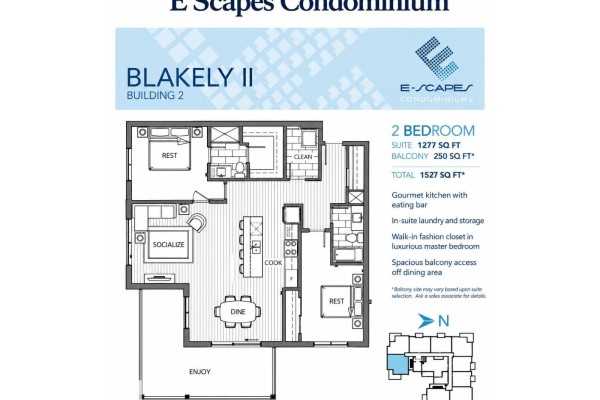 Floor plan for a two-bedroom, two-bathroom apartment with 1277 square feet and a balcony. - #424 11074 Ellerslie Rd Sw, Edmonton