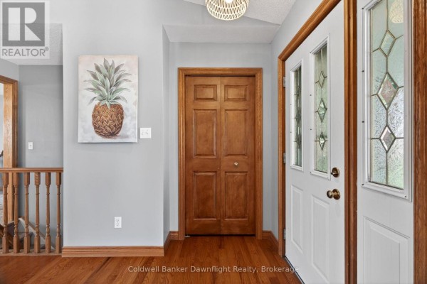 Interior entryway with hardwood floors, light grey walls, a closet, and a pineapple painting. - 42633 Moncrieff Road, Morris Turnberry