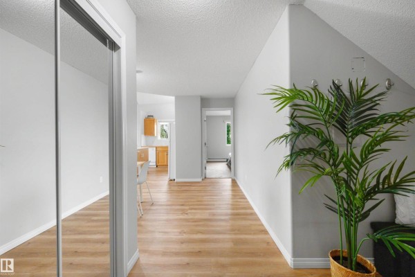 View from entryway into open living space, kitchen, and bedrooms. - #427 3425 19 St Nw, Edmonton
