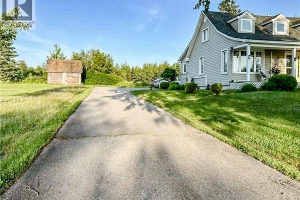 View of a concrete driveway leading to a light grey house, with a small wooden shed to the left and green grass. - 429 Saint-athanase, Rogersville
