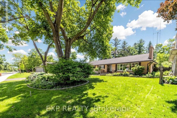 Wide shot of a brick ranch house surrounded by mature trees and lush green grass. - 43 Amelia Street S, Barrie