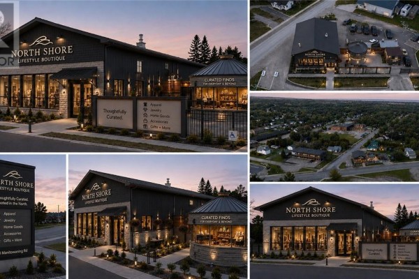 Front entrance and windows of a blue commercial building with outdoor seating. - 43 Manitowaning, Little Current
