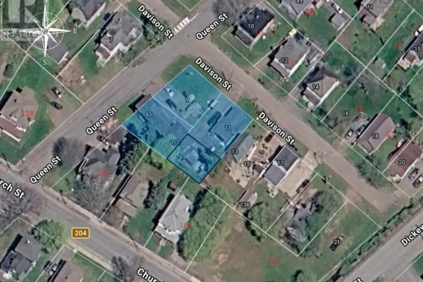Aerial map showing property lines for 43 Queen Street duplex and adjacent lots. - 43 Queen Street, Amherst