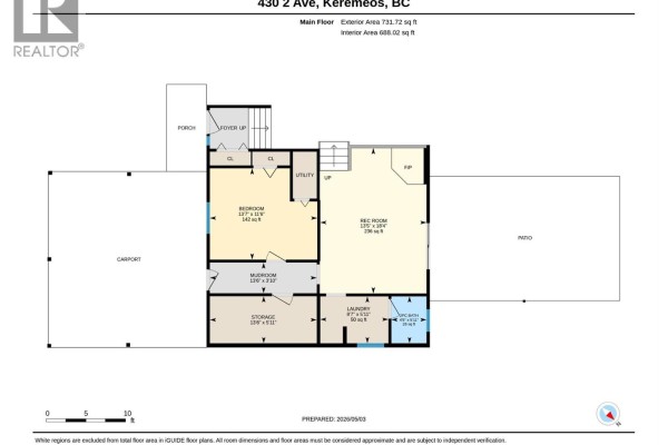 Floor plan of the first floor showing living, dining, kitchen, and breakfast areas with stairs. - 430 2nd Avenue, Keremeos