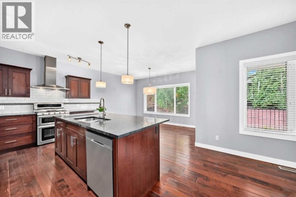 Kitchen island with stainless steel dishwasher, dark cabinets, and view to dining area and backyard. - 432 Sixmile Cove S, Lethbridge