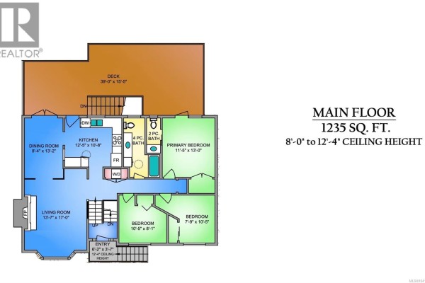 Main floor plan layout showing living room, dining room, kitchen, three bedrooms, and two bathrooms. - 4379 Shelbourne St, Saanich