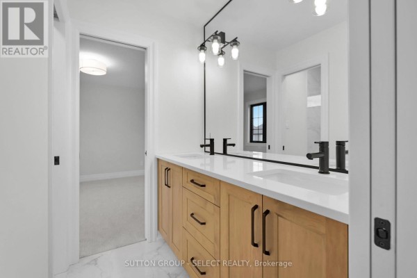 Double vanity with wood cabinets & black fixtures - 4387 Green Bend Road London South