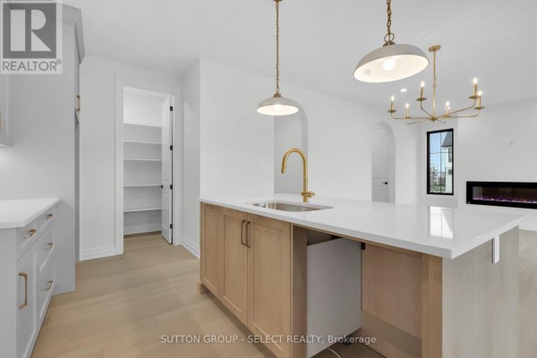 Modern kitchen island with sink and gold faucet, pantry, chandelier, and fireplace - 4387 Green Bend Road London South
