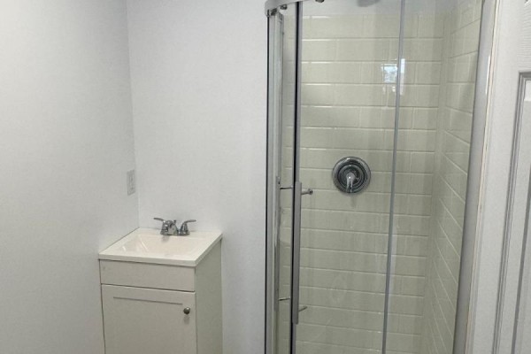 Compact bathroom with a white vanity, sink, and a glass-enclosed shower. - 439 Main Street E, North Bay
