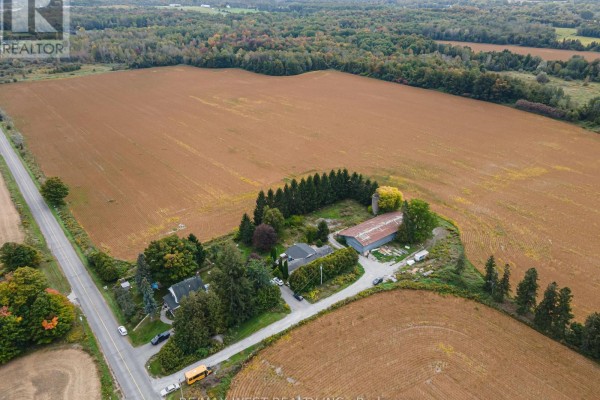 Aerial view of the farm buildings and homes, with rows of evergreen trees and surrounding fields. - 4392 Solina Road, Clarington