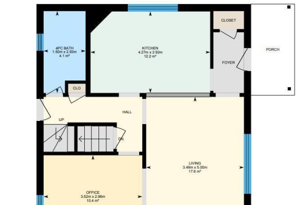 Floor plan with kitchen, living room, office, 4pc bath, foyer, porch - 442 Grandview Avenue New Hamburg ON