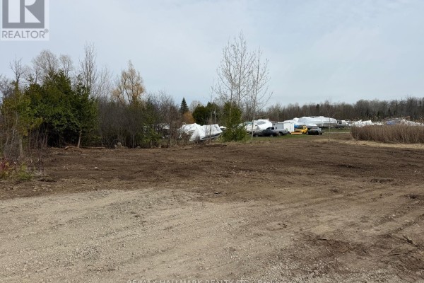 View of cleared land with brown soil, trees, and parked vehicles in the distance. - 4431 Baseline Road W, Georgina