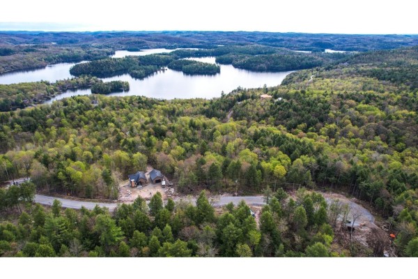Overhead view of a wooded landscape with lakes and islands in the distance, and houses nestled among trees. - 45 Ch. De La Fresque, Val Des Monts