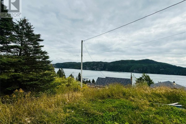 Trees and overgrown grass flank a view of a wide bay and a small community with homes and boats. - 45 Fort Louis Road, Jerseyside