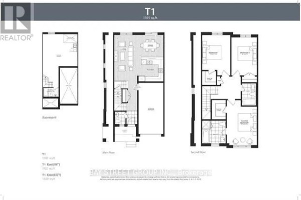 Floor plans for a three-story townhouse, showing basement, main, and second floors. - 45 Longshore Way, Whitby