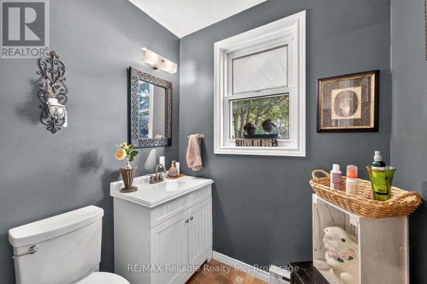 Living room with a leather sofa, fireplace, wood stove, and doors leading to an outdoor area. - 45 Main Street S, Bluewater
