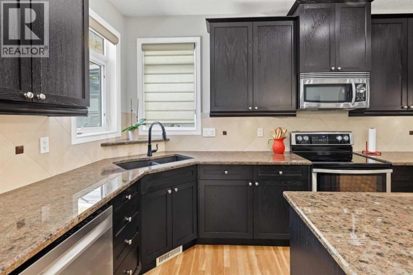 Corner view of a kitchen featuring dark wood cabinets, speckled granite countertops, stainless steel appliances, and a black sink. - 45 Royal Oak Manor Nw, Calgary