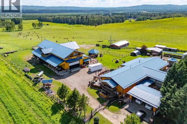 Close aerial view of multiple buildings with blue roofs, carports, and surrounding green fields and pastures. - 45040 421a Township, Rural Ponoka County