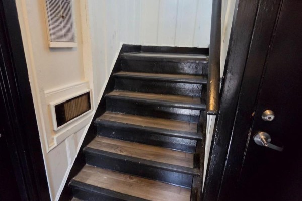 Wooden stairs with black painted risers and handrail inside a building. - 455 King William Street, Hamilton