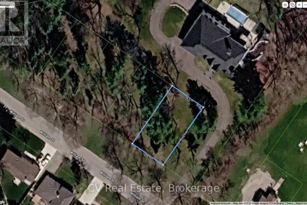 Aerial map showing Lot 5 Street, Niagara On The Lake, outlined in blue with surrounding properties and mature trees. - 455 William St, Lot 5 Street, Niagara On The Lake