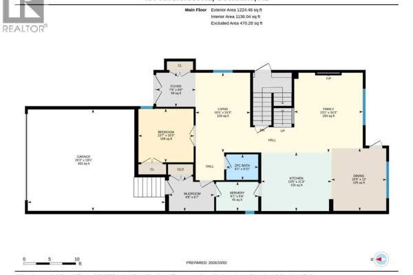 Main floor layout of a house with kitchen, living room, dining room, bedroom, and garage. - 456 Rivercrest Road, Cochrane
