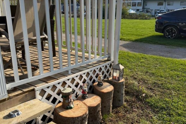 View of a porch with white railing and wooden steps leading to a lawn. - 46 - 497 County Rd 36 Road, Trent Lakes