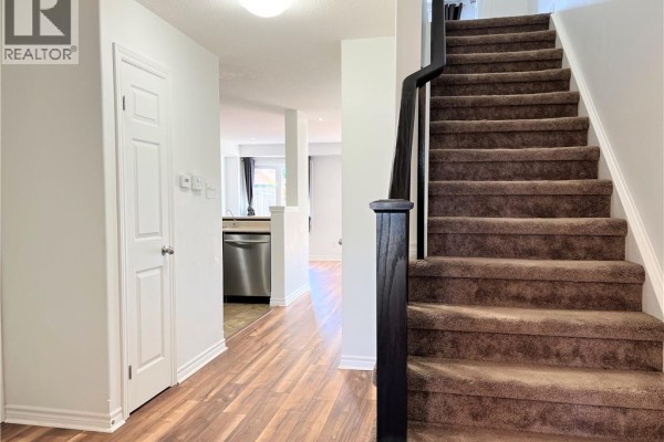 Hallway showing a carpeted staircase, wood-look flooring, and kitchen area beyond. - 46 Renfrew Street, Kitchener