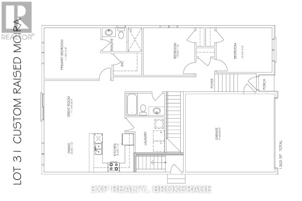 Floor plan showing a raised ranch layout with three bedrooms, a great room, dining, kitchen, and laundry. - 46 Summit (lot 31) Crescent, Belleville