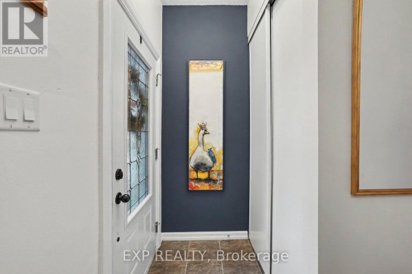 Interior foyer showing a glass front door, dark wall, and artwork. - 46 Westcliffe Street, Ottawa