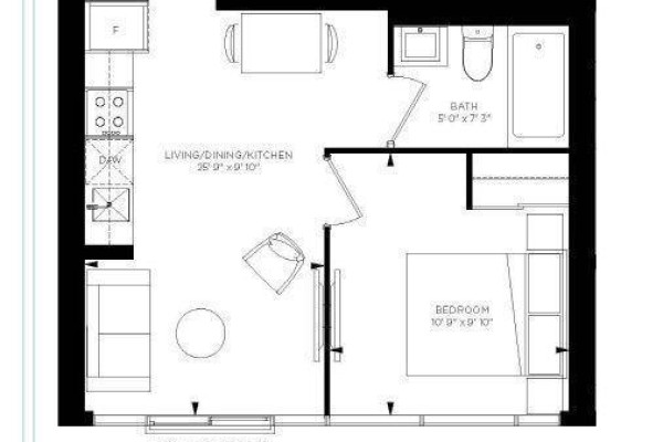 Floor plan of a one-bedroom apartment with living, dining, kitchen, and bath areas. - 4608 - 181 Dundas Street E, Toronto