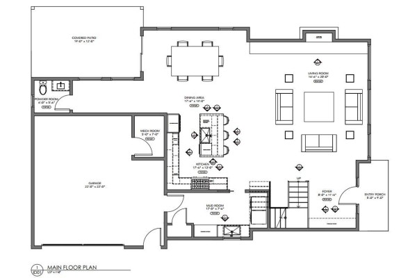 Main floor plan of a house featuring an open-concept living, dining, and kitchen area, powder room, and garage. - 46930 Sakwi Creek Road, Agassiz