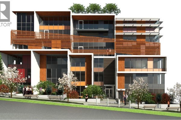 Architectural rendering of a tall residential tower with glass balconies and windows, set against a hilly landscape. - 47 & 51 Dufferin Street, New Westminster