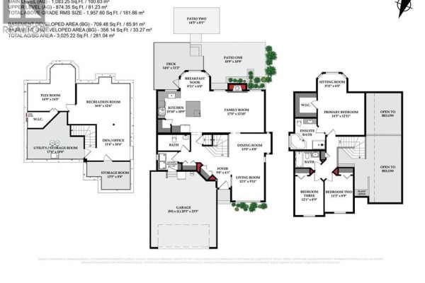 Floor plan of a multi-level home with room dimensions and square footage. - 47 Cimarron Hill, Okotoks