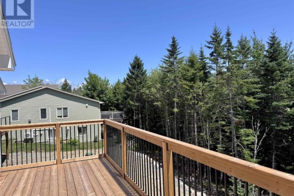 Wooden deck with black railing overlooking a dense forest and clear blue sky. - 47 Gosling Circle, Porters Lake