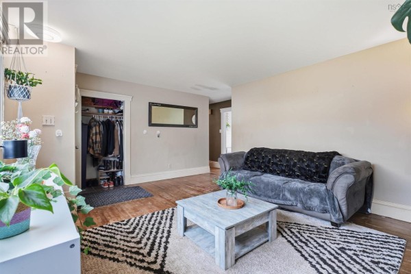 Living room with a gray sofa, open closet, and patterned rug. - 47 Weyburn Road, Woodlawn