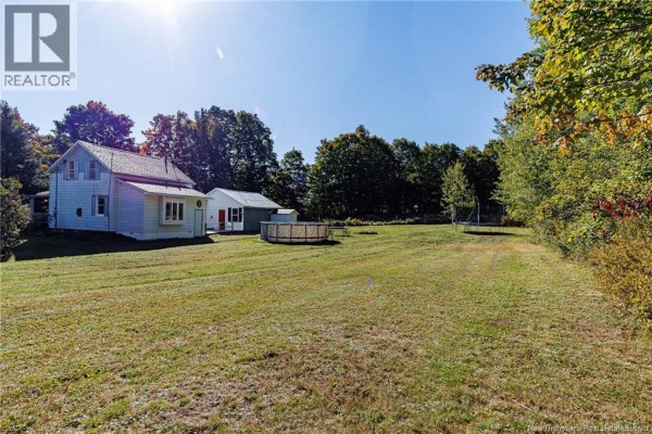 Rear view of a light blue house with attached garage and a backyard with a trampoline and pool. - 4746 Route 102, Queenstown