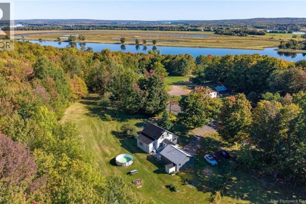 Aerial view of a white house and outbuildings surrounded by trees with a body of water in the distance. - 4746 Route 102, Queenstown