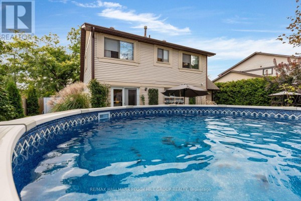 Backyard view of a two-story house with an above-ground swimming pool. - 48 Oren Boulevard, Barrie