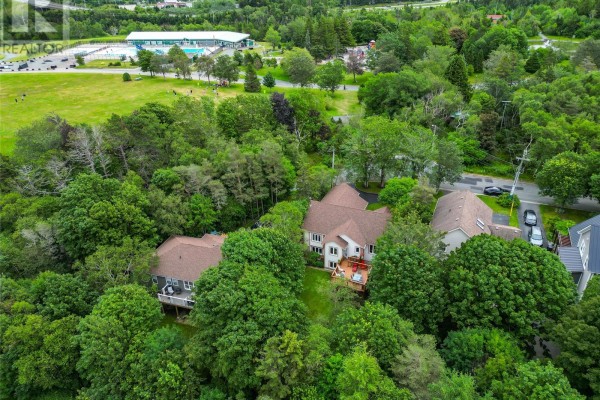 Aerial view of the rear exterior of a house with a wooden deck and surrounding trees. - 48 Squires Avenue, St  John S