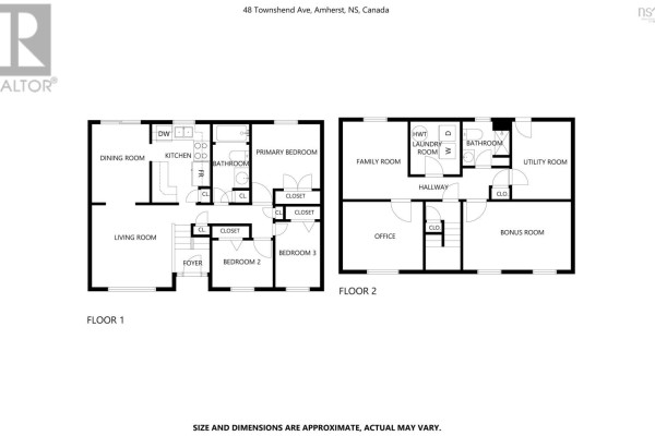 Floor plan showing two levels with rooms labeled: living room, dining room, kitchen, foyer, bedrooms, bathrooms, family room, office, and laundry room. - 48 Townshend Avenue, Amherst