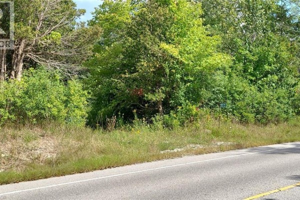 View from the road of a treed lot with grass and wildflowers, showing a property marker sign. - 4875 Wellington Rd 29, Eden Mills