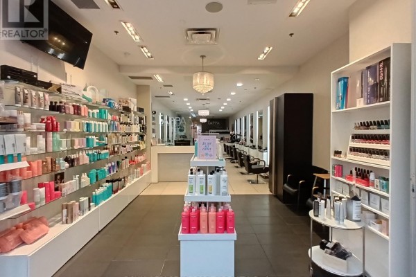 View from entrance of Tappa Hair Salon's interior, featuring shelves stocked with hair care products and a line of salon chairs. - 49 - 2121 Carling Avenue, Ottawa