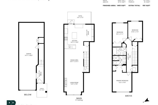 Floor plan showing three levels: basement with garage, main floor living area, and upper floor bedrooms. - 49 18828 69 Avenue, Surrey