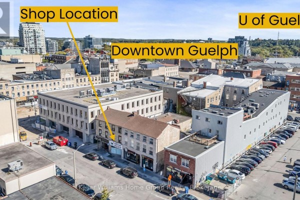 Aerial view of downtown Guelph showing the location of 49 Cork Street E. - 49 Cork Street E, Guelph