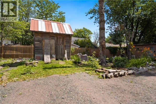 Wooden shed with a metal roof in a grassy yard with plants and trees. - 49 Mcsweeney Avenue, Moncton