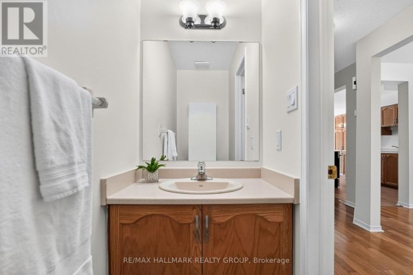 A bathroom vanity with a sink, mirror, wooden cabinets, and a towel rack. - 49 Robarts Crescent, Ottawa